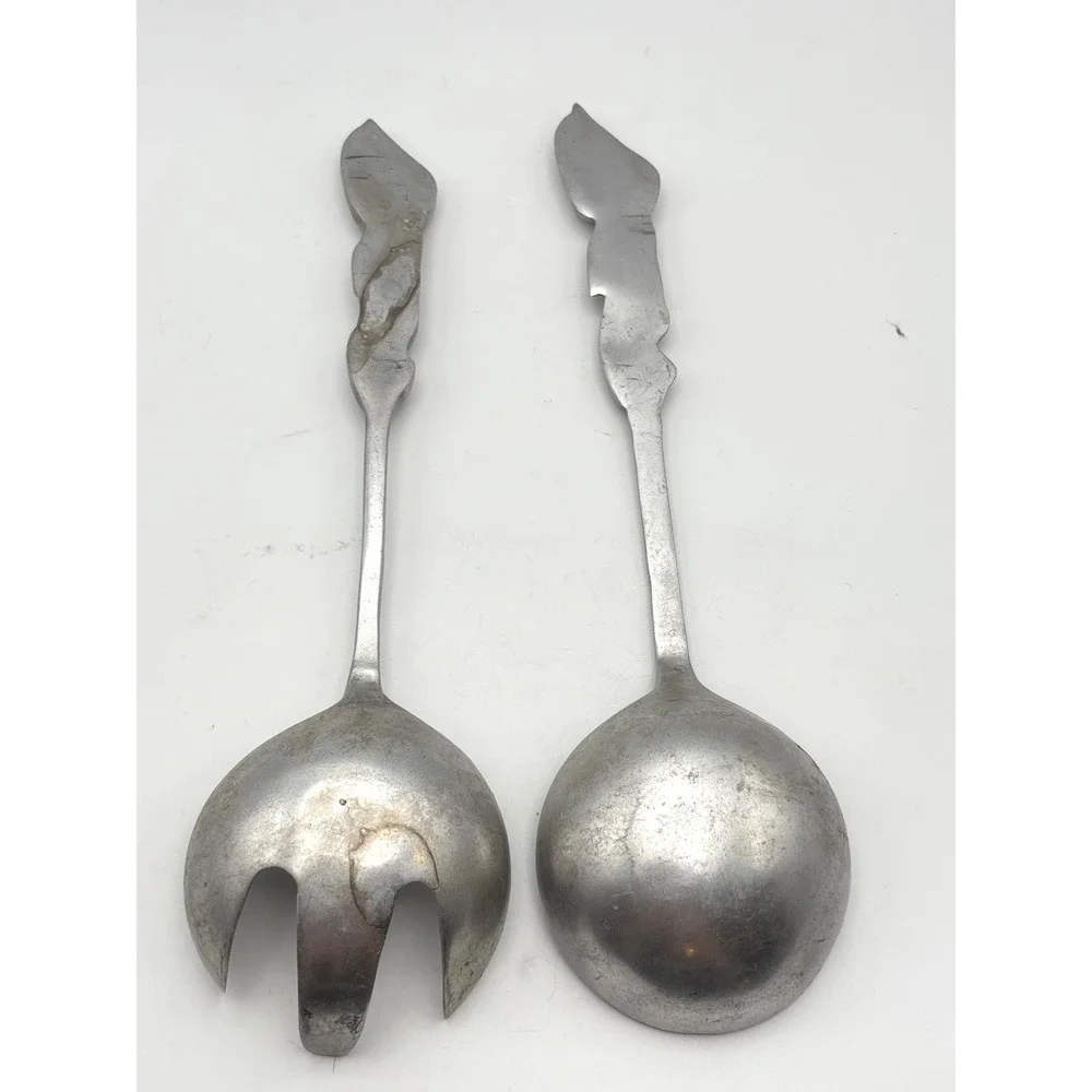 Vintage Fruit Motif Salad Serving Set Sculpted Silver Tone Metal Spoon and Fork